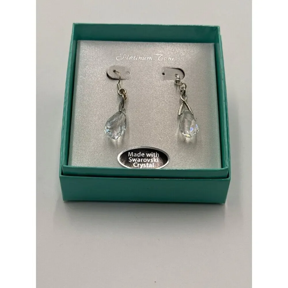 Made with Swarovski Crystal Teardrop Earrings Platinum Tone Clear New Box